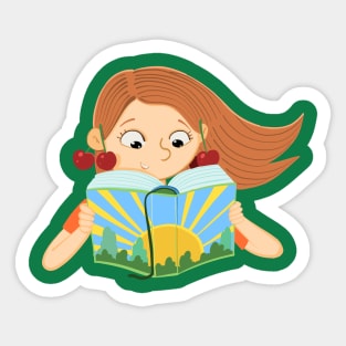 girl with cherries is reading a book with a sun on the cover Sticker